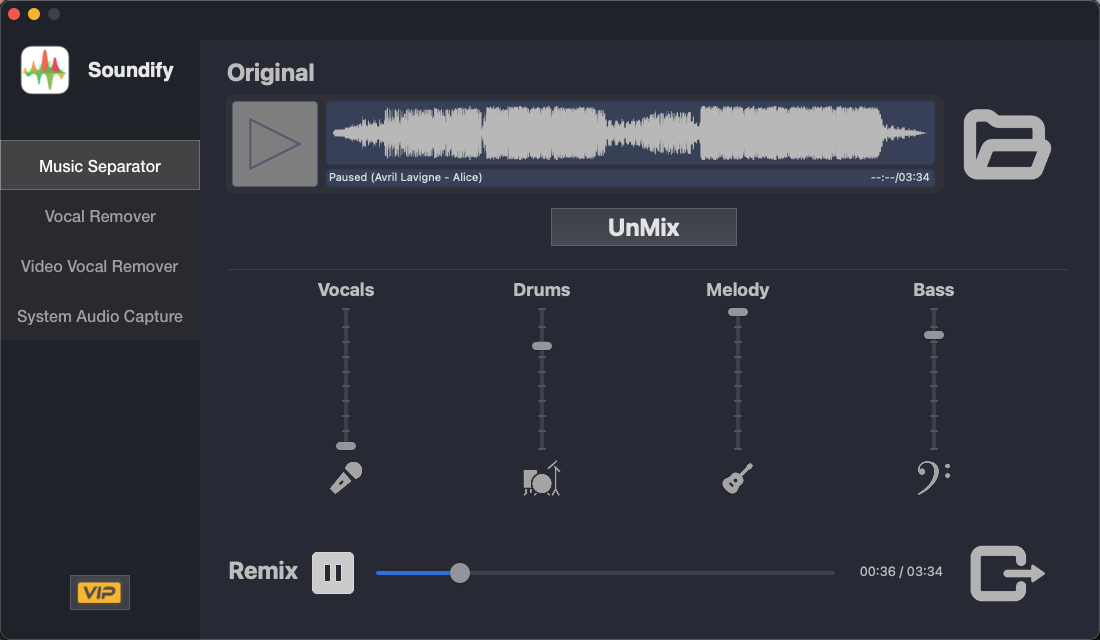 Soundify's Music Separator splitting a song into Vocals, Drums, Melody and Bass stems, each with its own remix slider